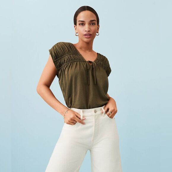 Loft Shirred Tie Neck Top - Picture 1 of 6